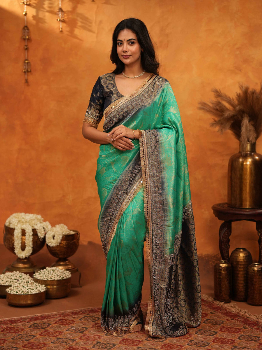 Teal Green Banarasi Silk Saree with Black Zari Border & Rich Woven Pallu | Designer Festive & Wedding Wear Saree