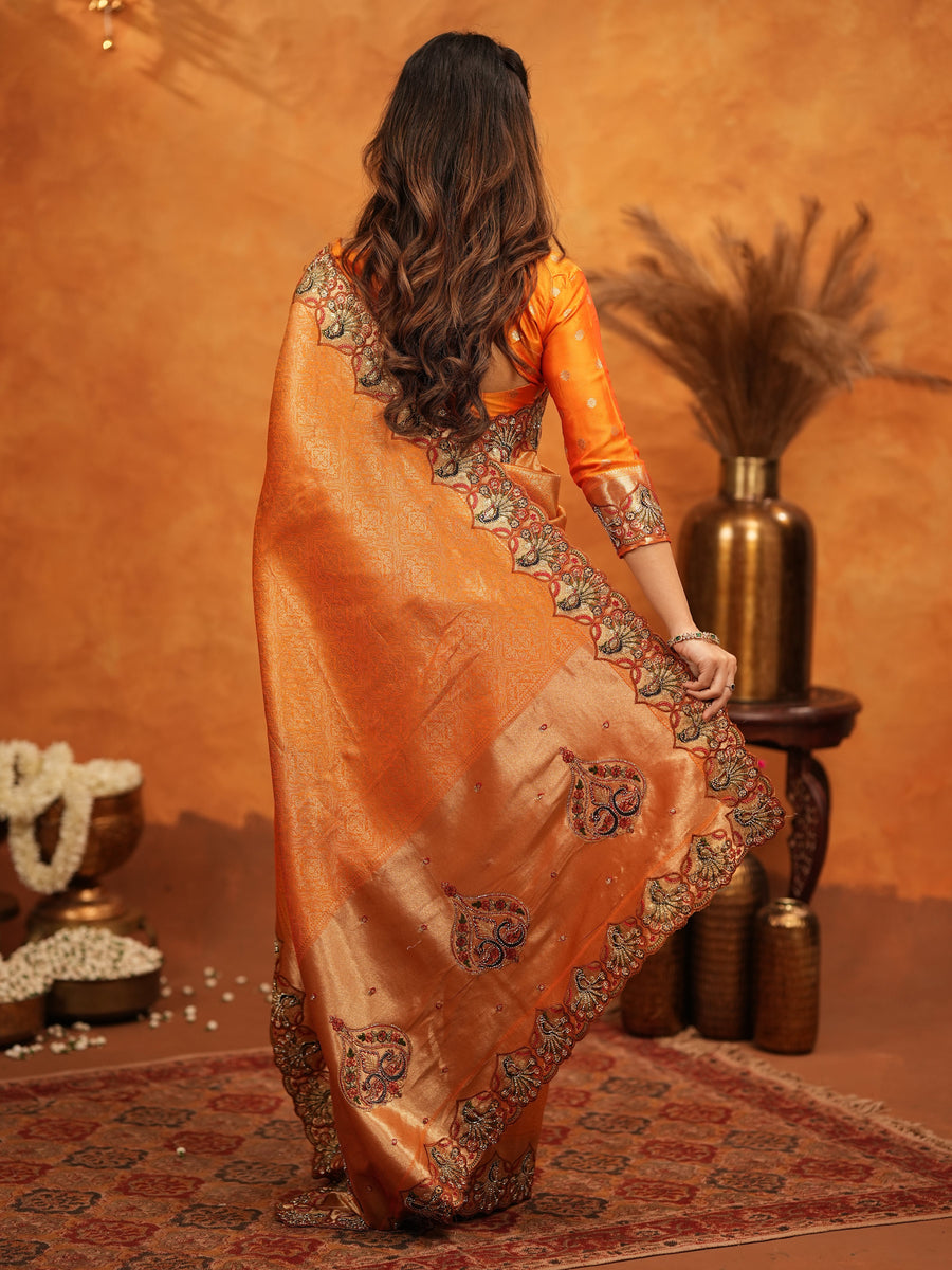 Rust Orange Banarasi Silk Embroidered Saree with Royal Floral Border & Zari Weaving | Heavy Embroidered Blouse with Tassels | Wedding & Festive Wear Saree