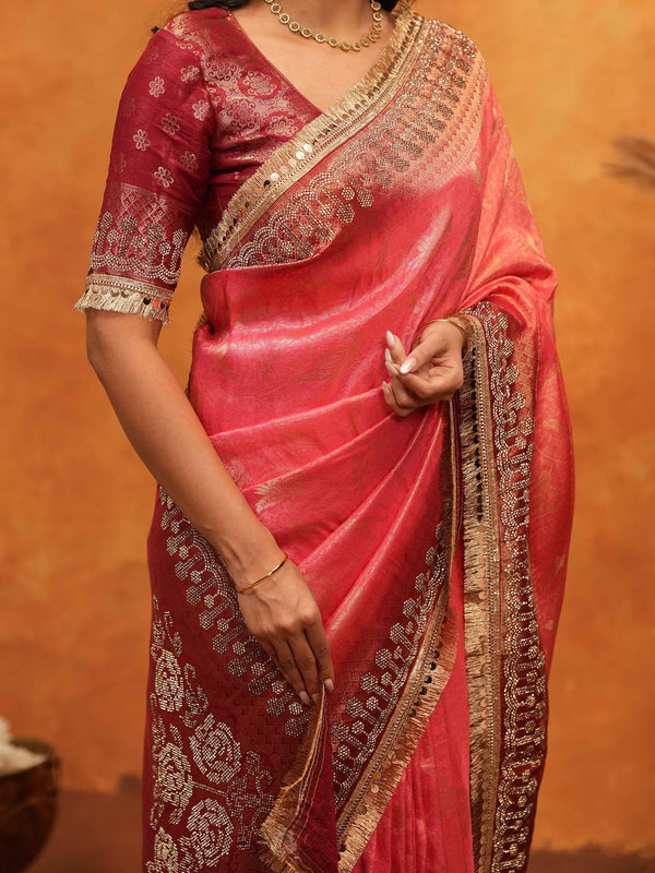 Graceful Coral Pink Banarasi Silk Saree with Rich Zari Border & Contrast Blouse | Designer Wedding & Festive Wear Saree