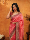 Graceful Coral Pink Banarasi Silk Saree with Rich Zari Border & Contrast Blouse | Designer Wedding & Festive Wear Saree