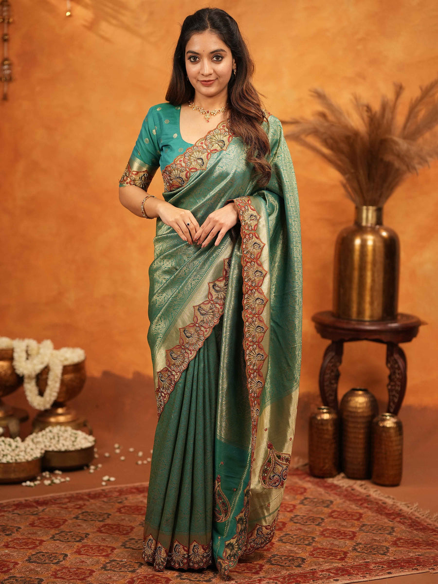 Teal Green Banarasi Silk Embroidered Saree with Royal Paisley Border & Zari Weaving | Heavy Embroidered Blouse with Tassels | Wedding & Festive Wear Saree