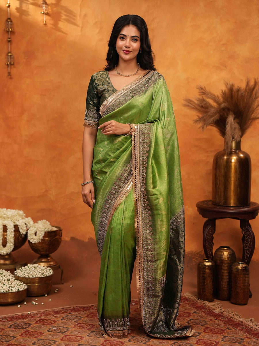 Parrot Green Banarasi Silk Saree with Rich Zari Border & Contrast Blouse | Designer Wedding & Festive Wear Saree