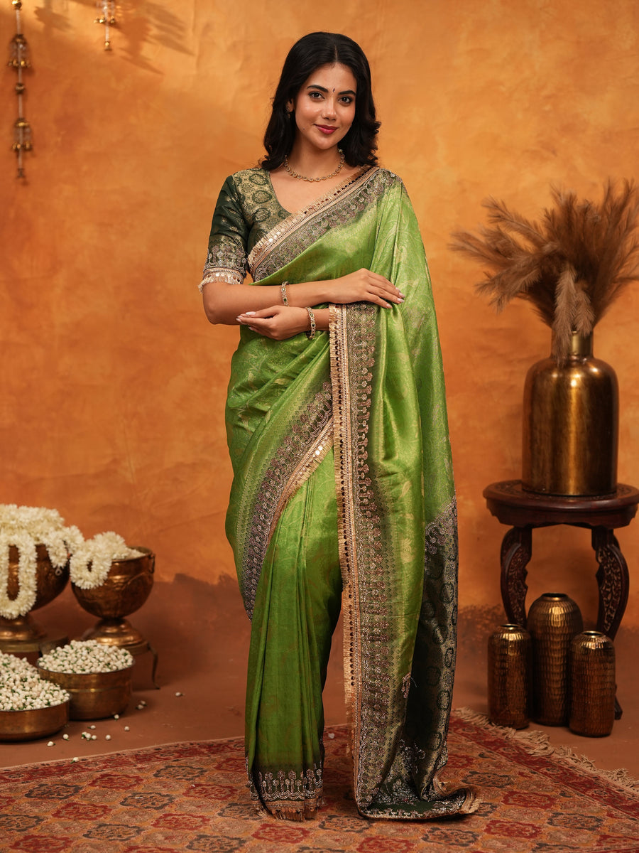 Parrot Green Banarasi Silk Saree with Rich Zari Border & Contrast Blouse | Designer Wedding & Festive Wear Saree