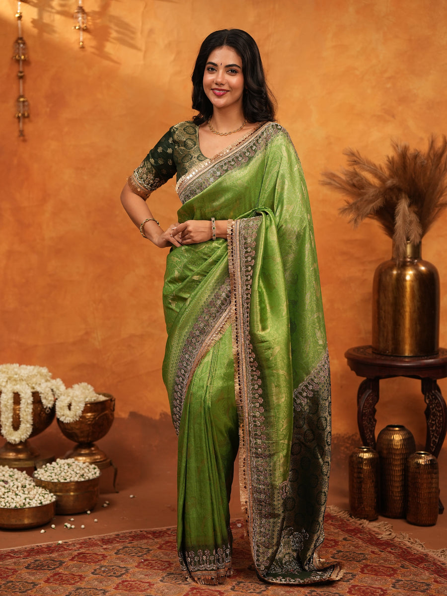 Parrot Green Banarasi Silk Saree with Rich Zari Border & Contrast Blouse | Designer Wedding & Festive Wear Saree
