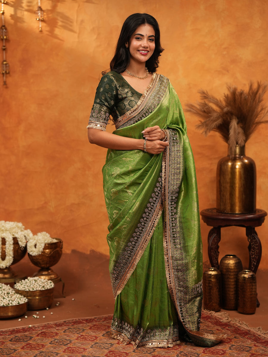 Parrot Green Banarasi Silk Saree with Rich Zari Border & Contrast Blouse | Designer Wedding & Festive Wear Saree