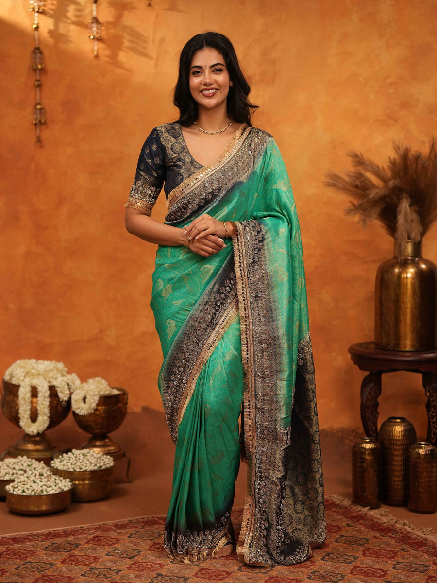 Teal Green Banarasi Silk Saree with Black Zari Border & Rich Woven Pallu | Designer Festive & Wedding Wear Saree
