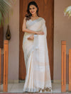 Ivory Cream Pure Handloom Cotton Saree with Golden Striped Weaving & Tassel Detailing