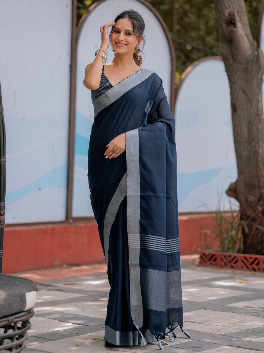 Midnight Navy Blue Pure Handloom Cotton Saree with Silver Border & Tassel Detailing