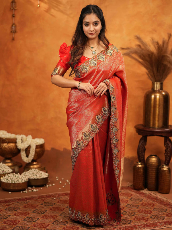 Classic Red Banarasi Silk Saree with Rich Zari Weaving & Heavy Embroidered Border | Designer Wedding Wear Saree with Blouse & Tassels