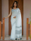 Pure White & Teal Blue Handloom Cotton Saree with Minimal Striped Border & Tassel Detailing