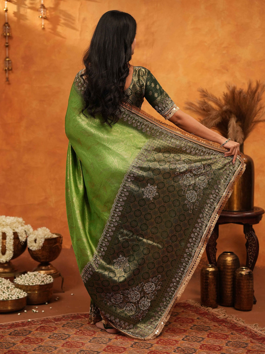 Parrot Green Banarasi Silk Saree with Rich Zari Border & Contrast Blouse | Designer Wedding & Festive Wear Saree