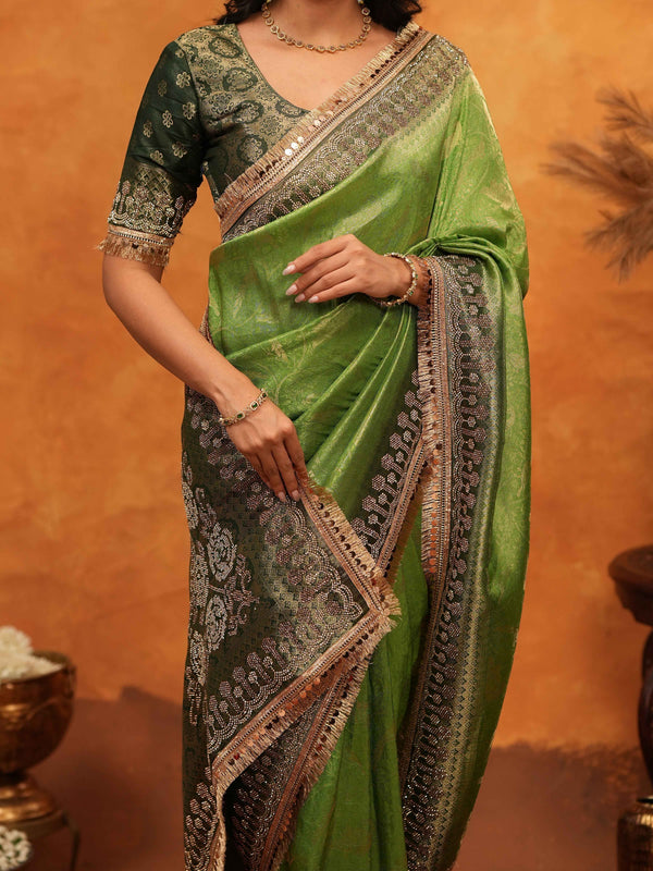 Parrot Green Banarasi Silk Saree with Rich Zari Border & Contrast Blouse | Designer Wedding & Festive Wear Saree