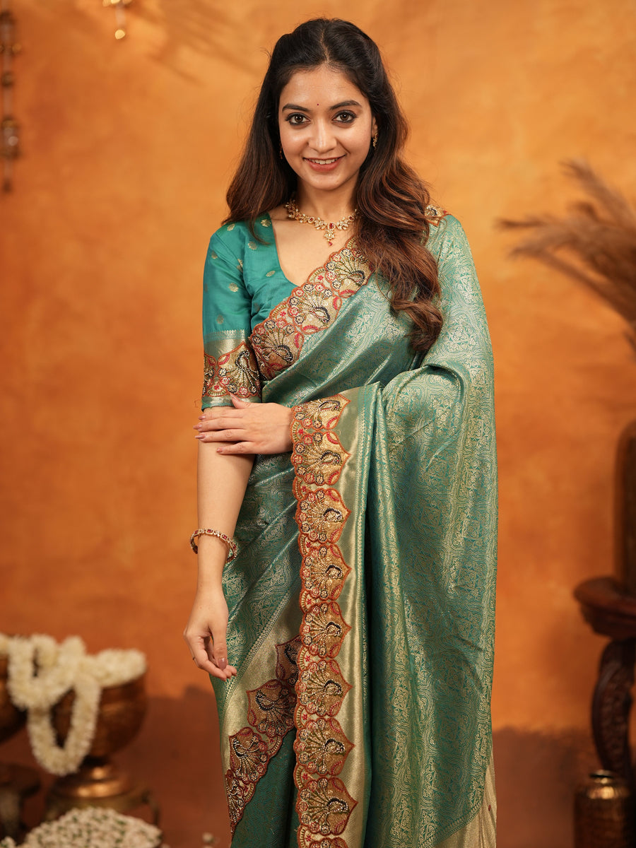 Teal Green Banarasi Silk Embroidered Saree with Royal Paisley Border & Zari Weaving | Heavy Embroidered Blouse with Tassels | Wedding & Festive Wear Saree