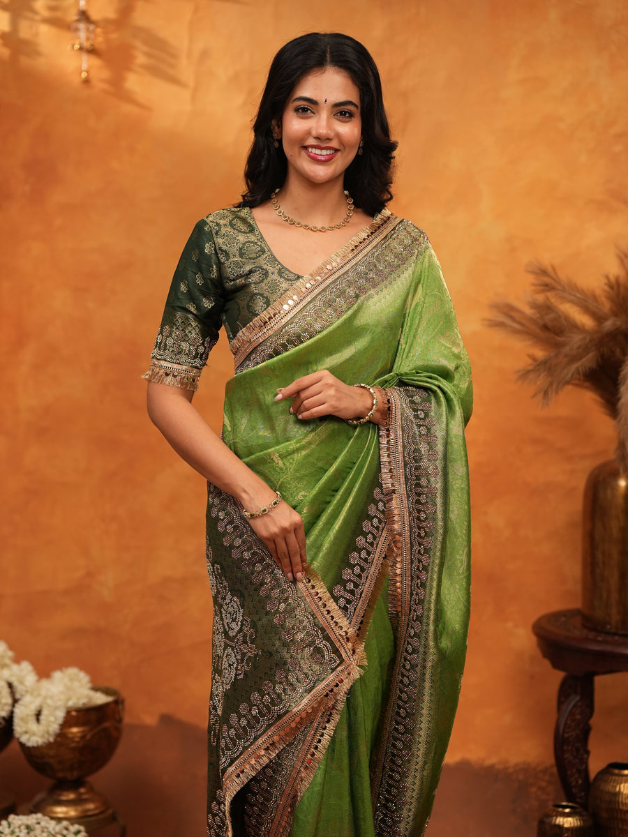 Parrot Green Banarasi Silk Saree with Rich Zari Border & Contrast Blouse | Designer Wedding & Festive Wear Saree