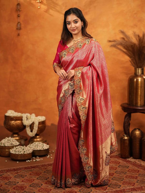 Rani Pink Banarasi Silk Saree with Rich Zari Weaving & Heavy Embroidered Border | Designer Wedding Wear Saree with Embroidered Blouse & Tassels