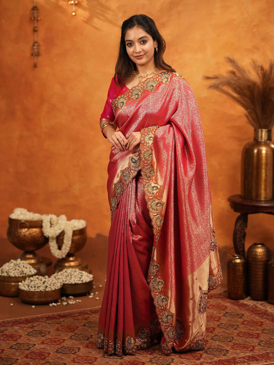 Rani Pink Banarasi Silk Saree with Rich Zari Weaving & Heavy Embroidered Border | Designer Wedding Wear Saree with Embroidered Blouse & Tassels