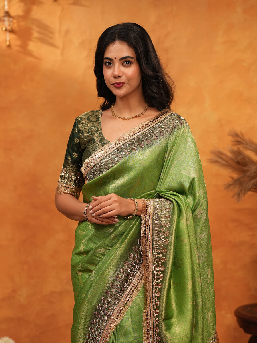 Parrot Green Banarasi Silk Saree with Rich Zari Border & Contrast Blouse | Designer Wedding & Festive Wear Saree
