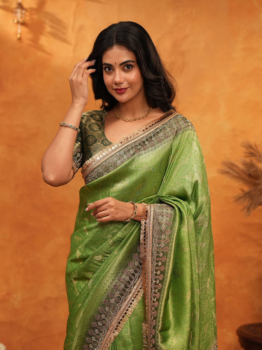 Parrot Green Banarasi Silk Saree with Rich Zari Border & Contrast Blouse | Designer Wedding & Festive Wear Saree