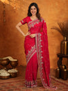 Rani Pink Fendy Satin Embroidered Saree with Heavy Floral Border & Designer Pallu | Festive Party Wear Saree with Embroidered Blouse