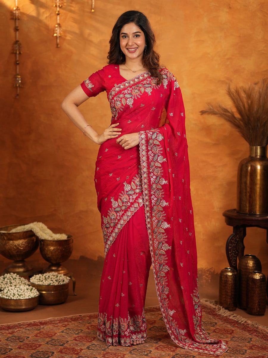 Rani Pink Fendy Satin Embroidered Saree with Heavy Floral Border & Designer Pallu | Festive Party Wear Saree with Embroidered Blouse