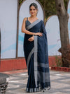 Midnight Navy Blue Pure Handloom Cotton Saree with Silver Border & Tassel Detailing