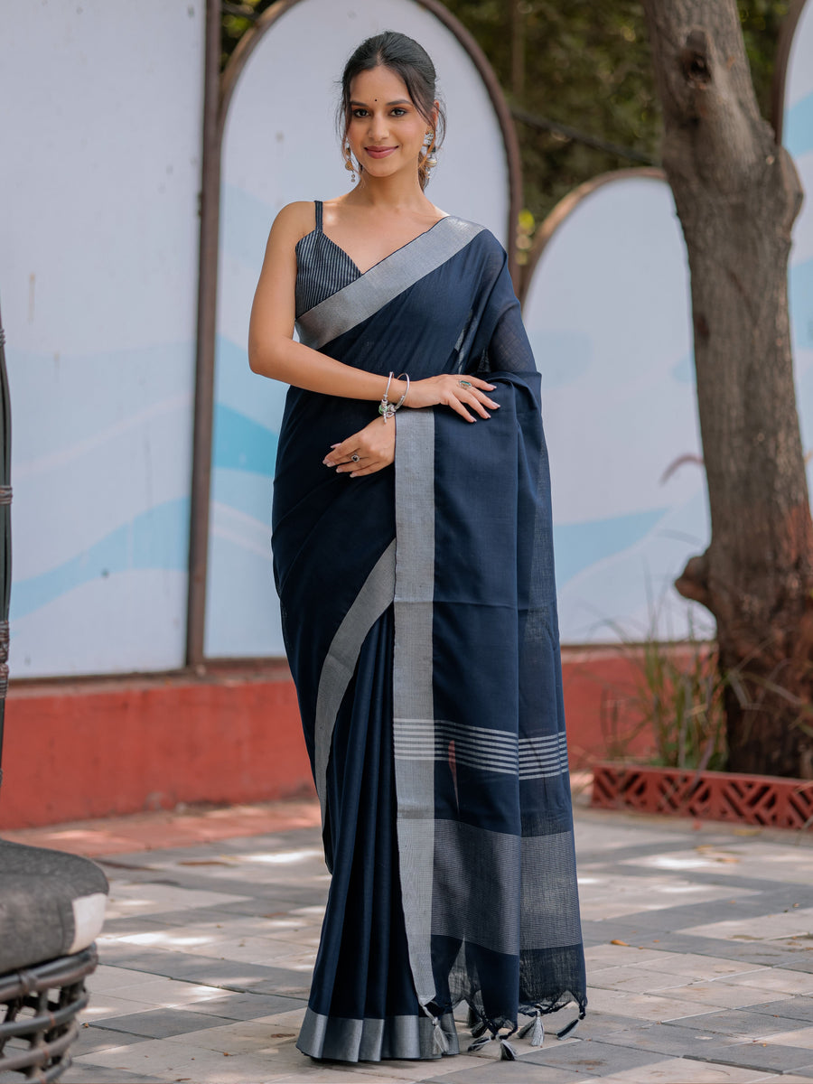 Midnight Navy Blue Pure Handloom Cotton Saree with Silver Border & Tassel Detailing