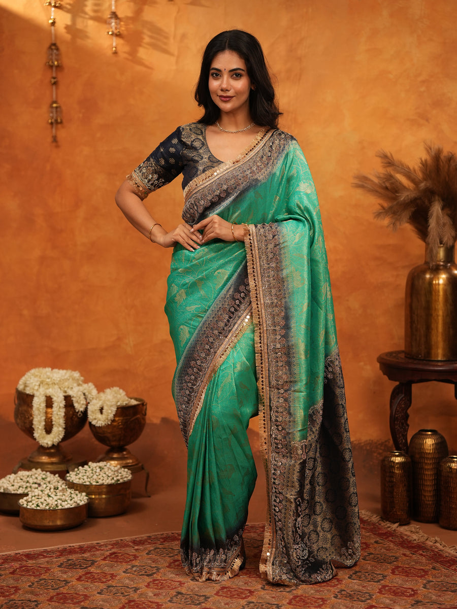 Teal Green Banarasi Silk Saree with Black Zari Border & Rich Woven Pallu | Designer Festive & Wedding Wear Saree