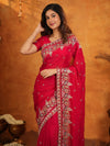 Rani Pink Fendy Satin Embroidered Saree with Heavy Floral Border & Designer Pallu | Festive Party Wear Saree with Embroidered Blouse