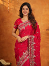 Rani Pink Fendy Satin Embroidered Saree with Heavy Floral Border & Designer Pallu | Festive Party Wear Saree with Embroidered Blouse