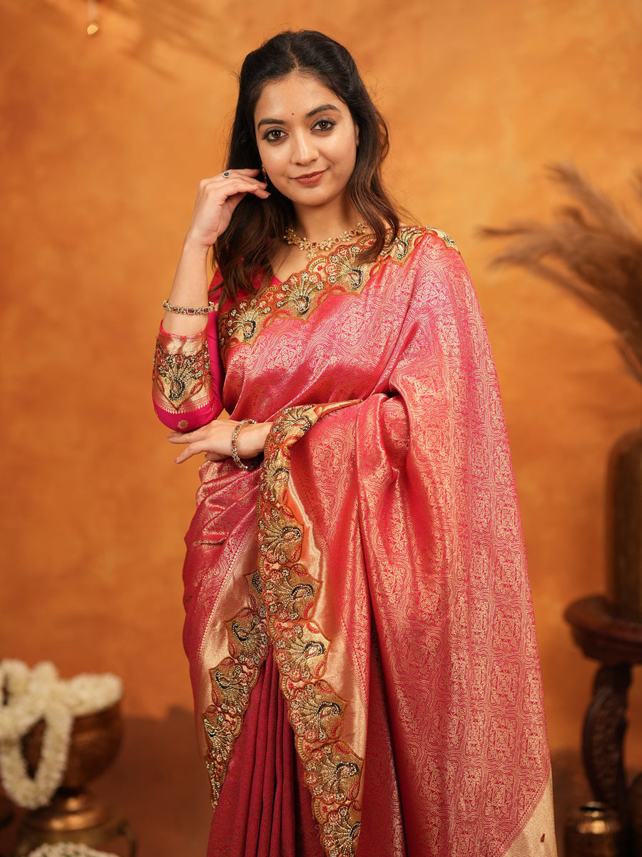 Rani Pink Banarasi Silk Saree with Rich Zari Weaving & Heavy Embroidered Border | Designer Wedding Wear Saree with Embroidered Blouse & Tassels