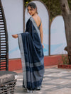 Midnight Navy Blue Pure Handloom Cotton Saree with Silver Border & Tassel Detailing