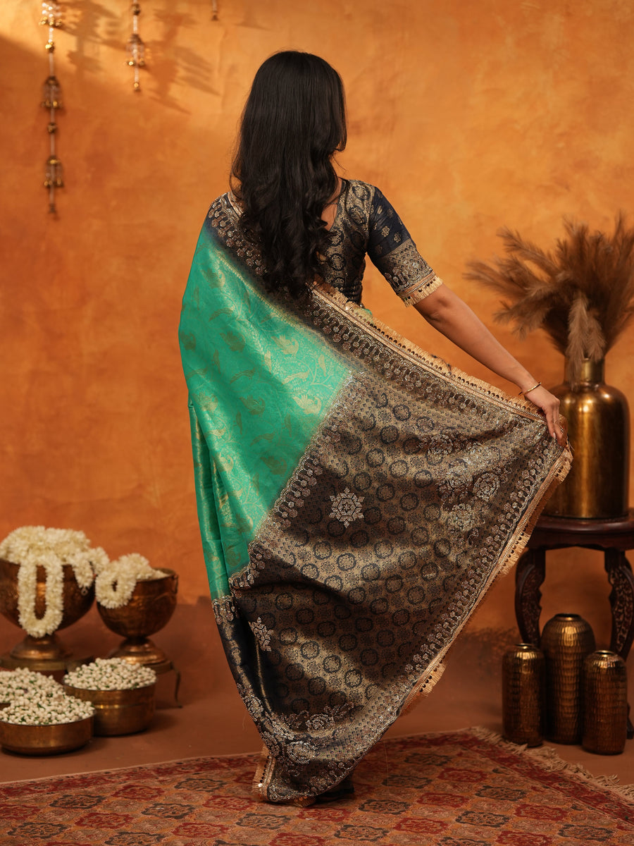 Teal Green Banarasi Silk Saree with Black Zari Border & Rich Woven Pallu | Designer Festive & Wedding Wear Saree
