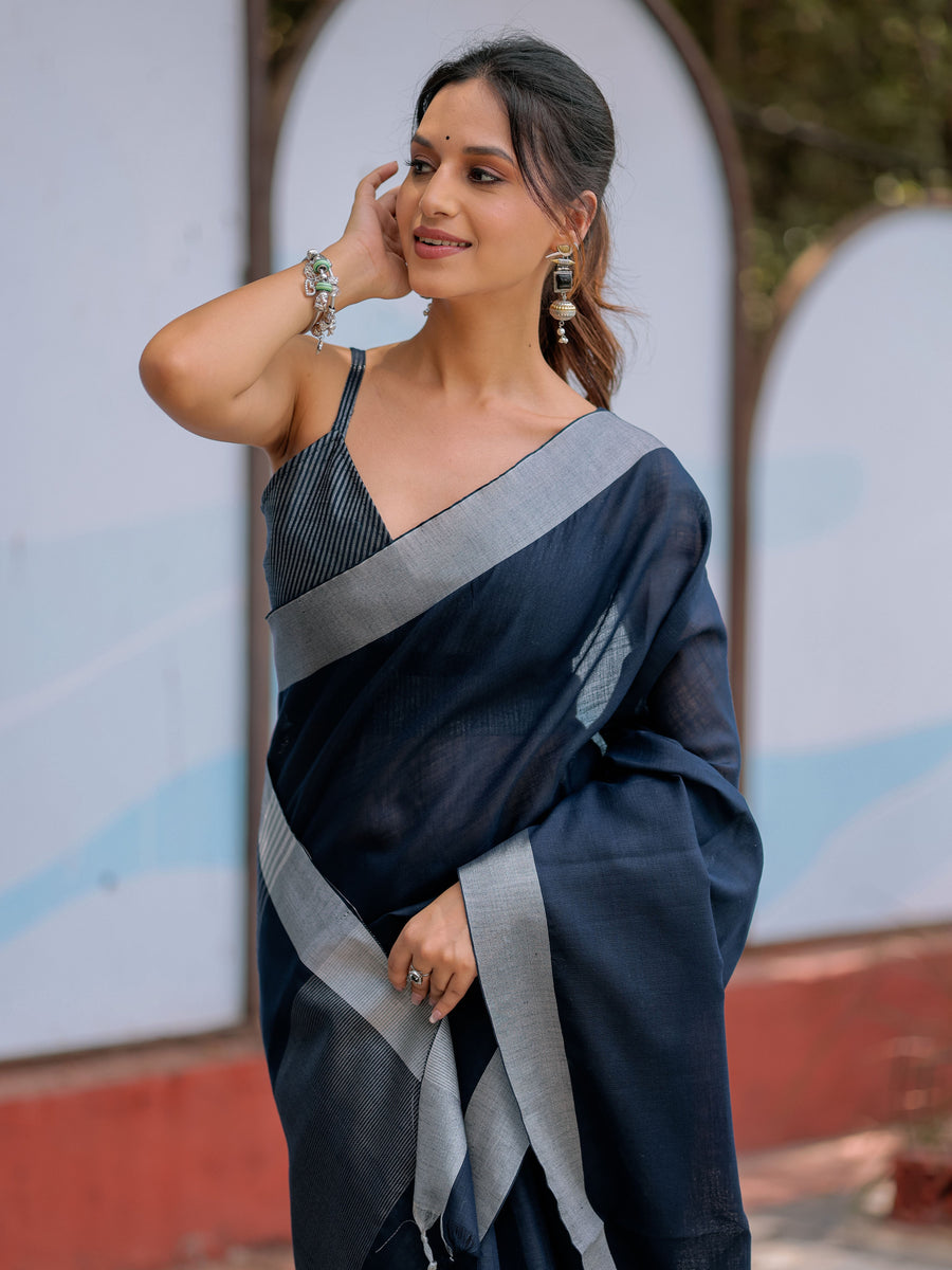 Midnight Navy Blue Pure Handloom Cotton Saree with Silver Border & Tassel Detailing