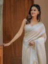 Ivory Cream Pure Handloom Cotton Saree with Golden Striped Weaving & Tassel Detailing