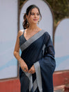 Midnight Navy Blue Pure Handloom Cotton Saree with Silver Border & Tassel Detailing