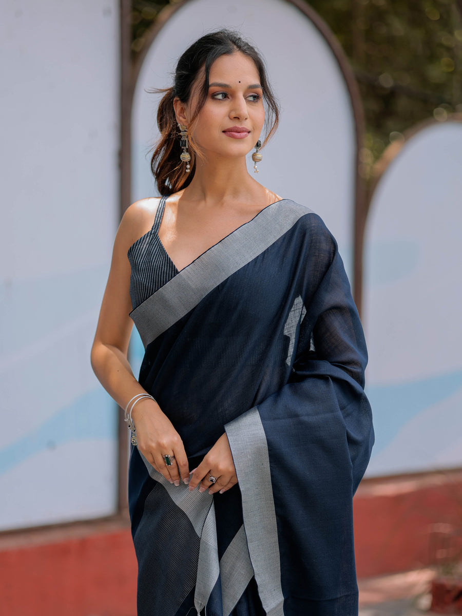 Midnight Navy Blue Pure Handloom Cotton Saree with Silver Border & Tassel Detailing