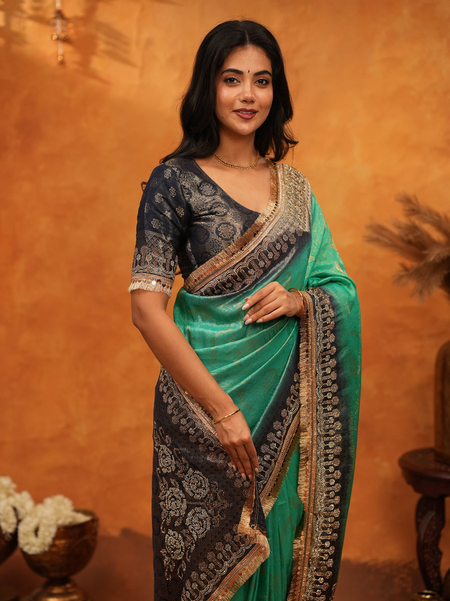 Teal Green Banarasi Silk Saree with Black Zari Border & Rich Woven Pallu | Designer Festive & Wedding Wear Saree
