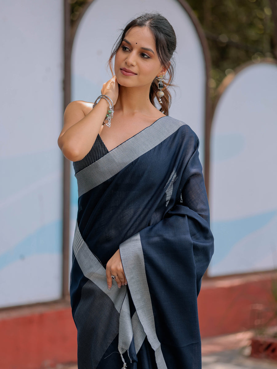 Midnight Navy Blue Pure Handloom Cotton Saree with Silver Border & Tassel Detailing