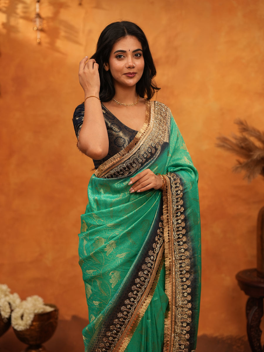 Teal Green Banarasi Silk Saree with Black Zari Border & Rich Woven Pallu | Designer Festive & Wedding Wear Saree