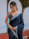 Midnight Navy Blue Pure Handloom Cotton Saree with Silver Border & Tassel Detailing