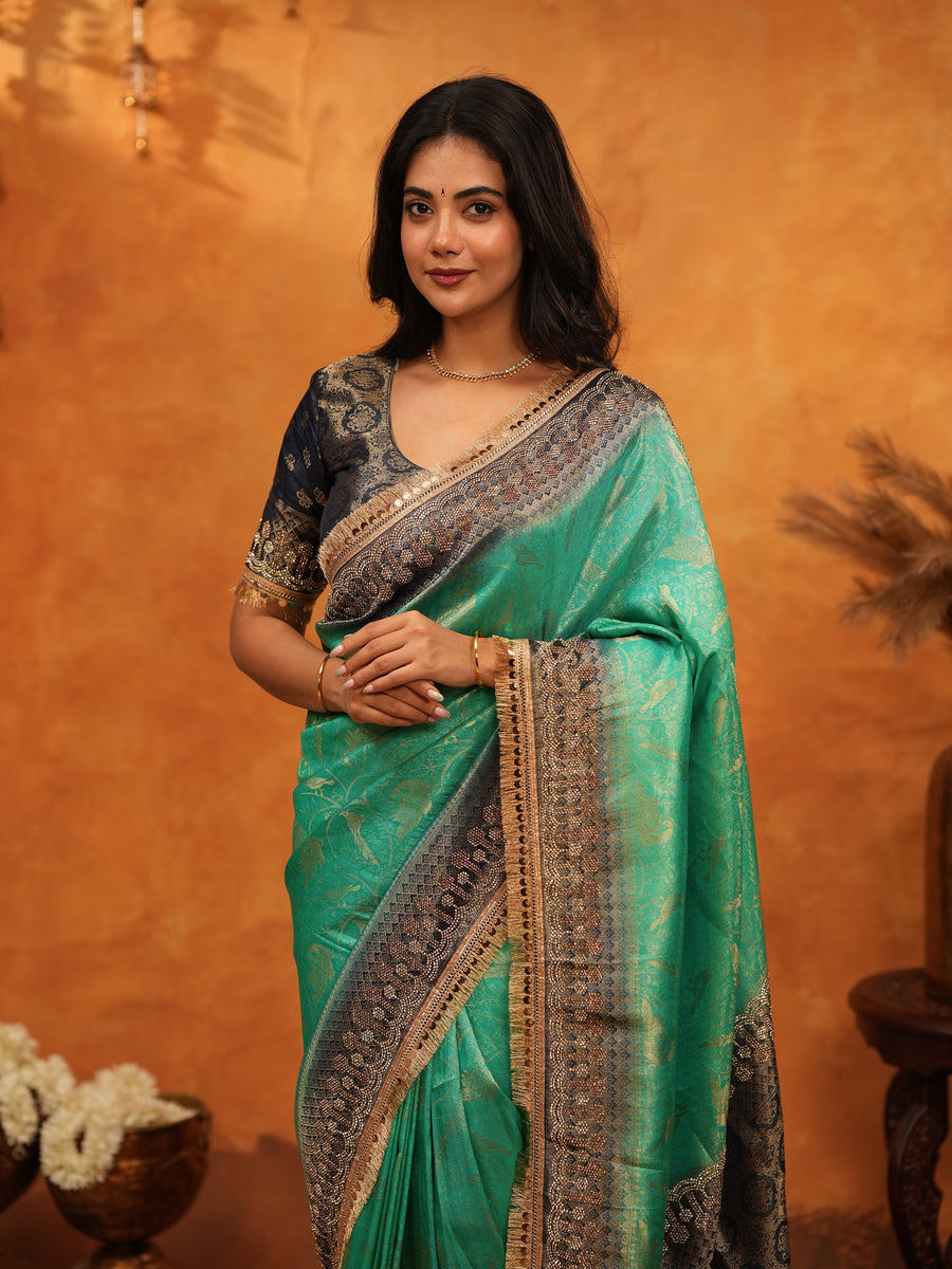 Teal Green Banarasi Silk Saree with Black Zari Border & Rich Woven Pallu | Designer Festive & Wedding Wear Saree