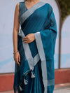 Teal Blue Pure Handloom Cotton Saree with Silver Border & Tassel Detailing