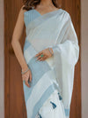 Pure White & Sky Blue Handloom Cotton Saree with Minimal Striped Border & Tassel Detailing