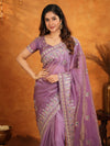 Lavender Purple Fendy Satin Embroidered Saree with Heavy Floral Border & Designer Pallu | Party Wear Saree with Embroidered Blouse
