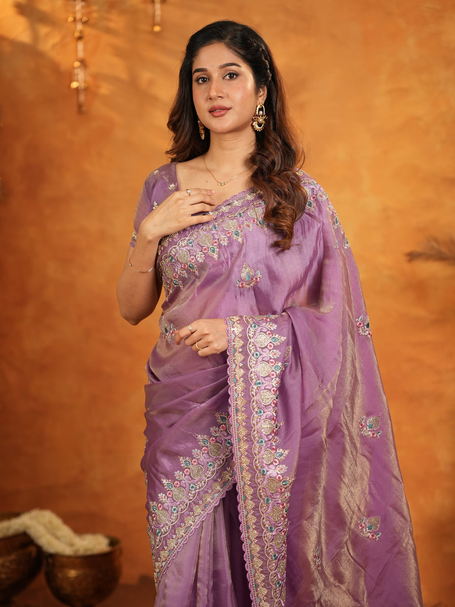 Lavender Purple Fendy Satin Embroidered Saree with Heavy Floral Border & Designer Pallu | Party Wear Saree with Embroidered Blouse
