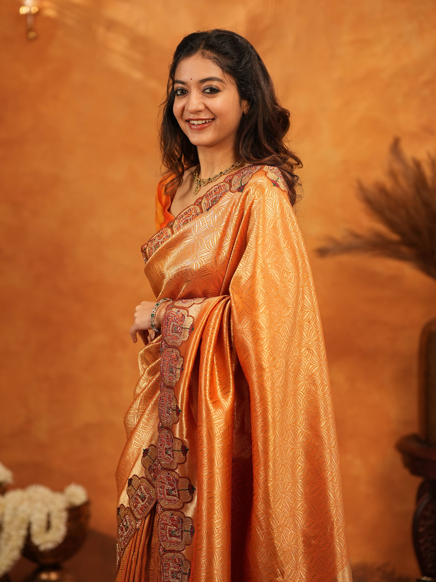 Rust Orange Banarasi Silk Saree with All-Over Zari Weaving & Designer Embroidered Border | Festive Wedding Wear Saree with Blouse & Tassels
