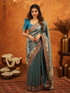 Teal Blue Banarasi Silk Saree with All-Over Zari Weaving & Ornamental Embroidered Border | Designer Wedding & Festive Wear Saree with Blouse