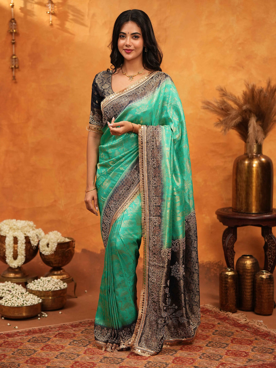 Teal Green & Black Banarasi Silk Saree with Rich Zari Border & Grand Contrast Pallu | Designer Wedding & Festive Wear Saree