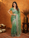 Mehendi Green Fendy Satin Embroidered Saree with Heavy Floral Border & Designer Pallu | Festive Wear Saree with Embroidered Blouse