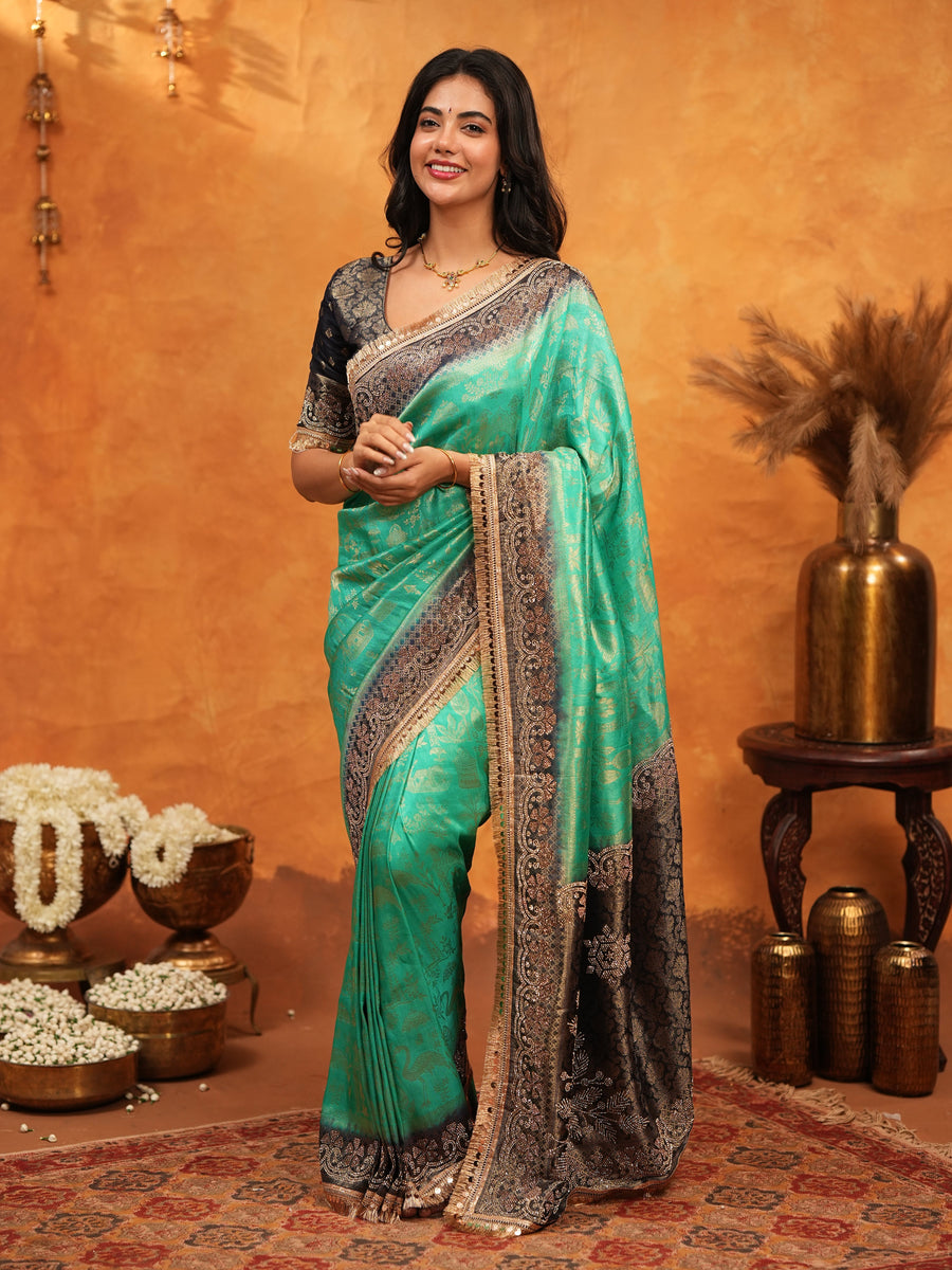 Teal Green & Black Banarasi Silk Saree with Rich Zari Border & Grand Contrast Pallu | Designer Wedding & Festive Wear Saree